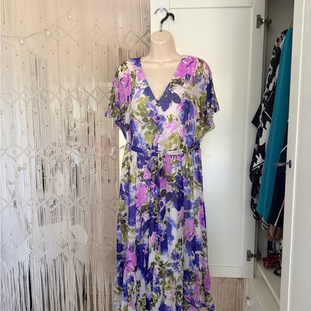 Calvin Klein Floral V-Neck Maxi Dress in Purple, Pink & Green